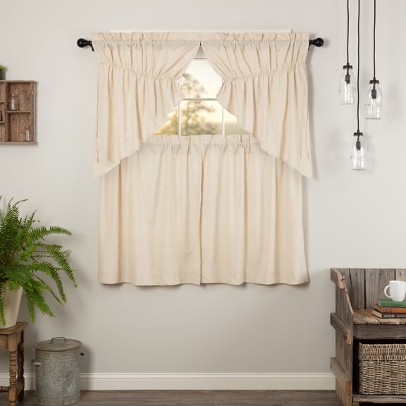 VHC Brands Simple Life Flax Natural 4 PC Curtain Set (2 Prairie Swag 36x18 and 2 Tier 36x36)