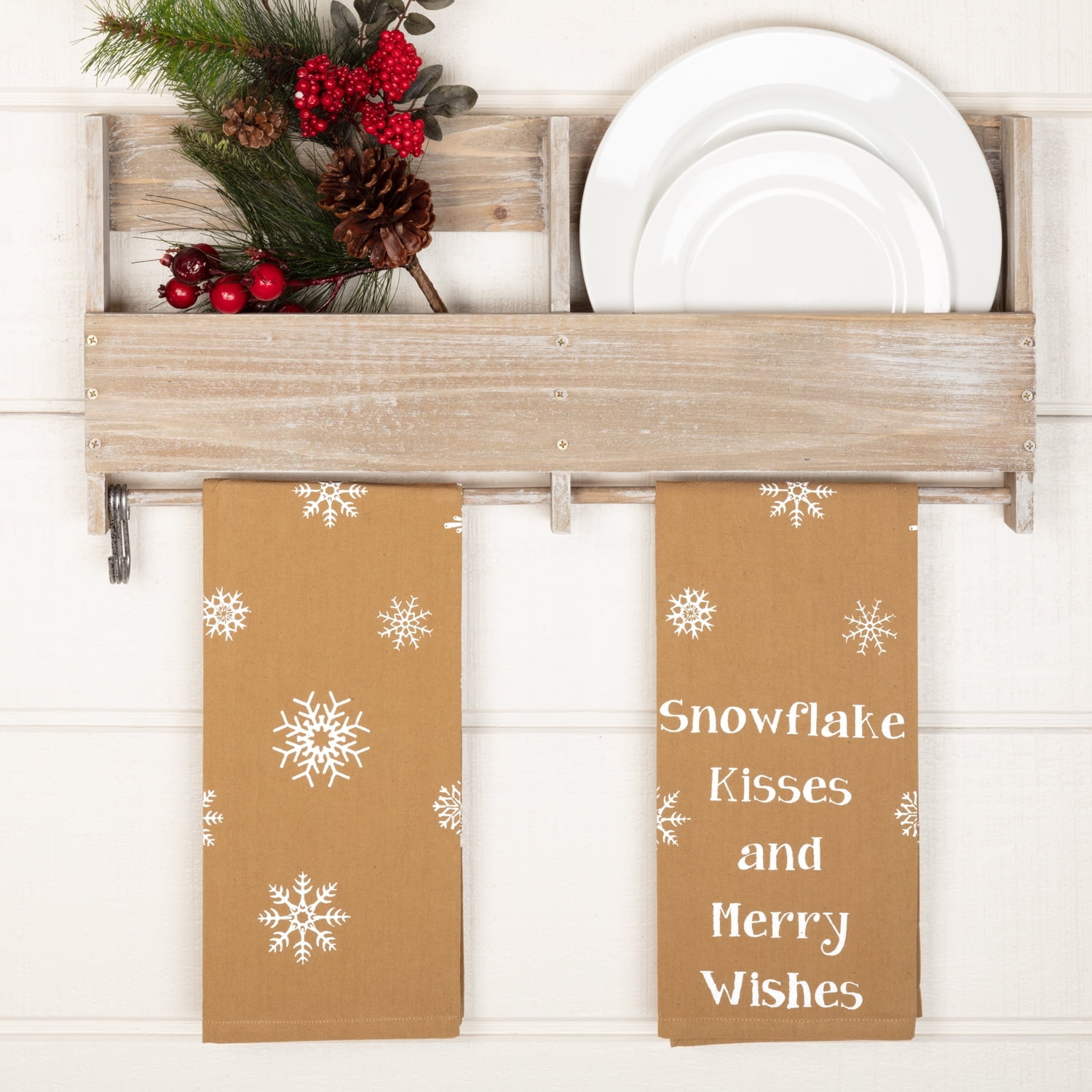 Natural Tan Cotton Snowflake Kisses and Merry Wishes Kitchen Towel Set
