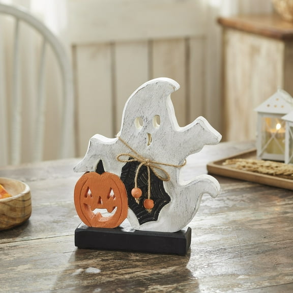 VHC Brands Spooky Jack-O-Lantern Wooden Ghost, Fall and Halloween Home Decor for Tables and Shelves, Indoor Decorations for Tabletop Whitewash, Pumpkin Orange, Black, 8x9.25