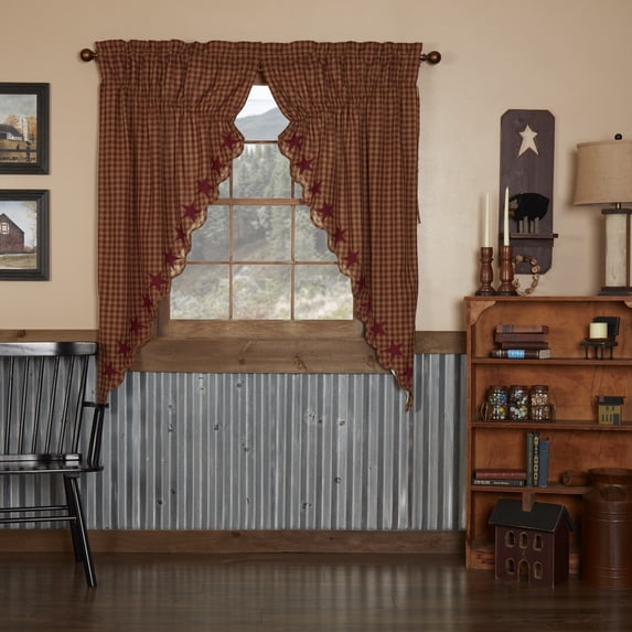 VHC Brands Star & Check Curtain Prairie Set of 2, Burgundy & Tan, 63x36