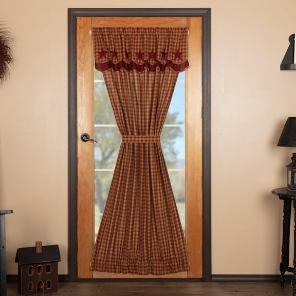 VHC Brands Star Cotton Primitive Curtains Rod Pocket Tie Back(s) Appliqued Door Panel, 72x40, Burgundy Red