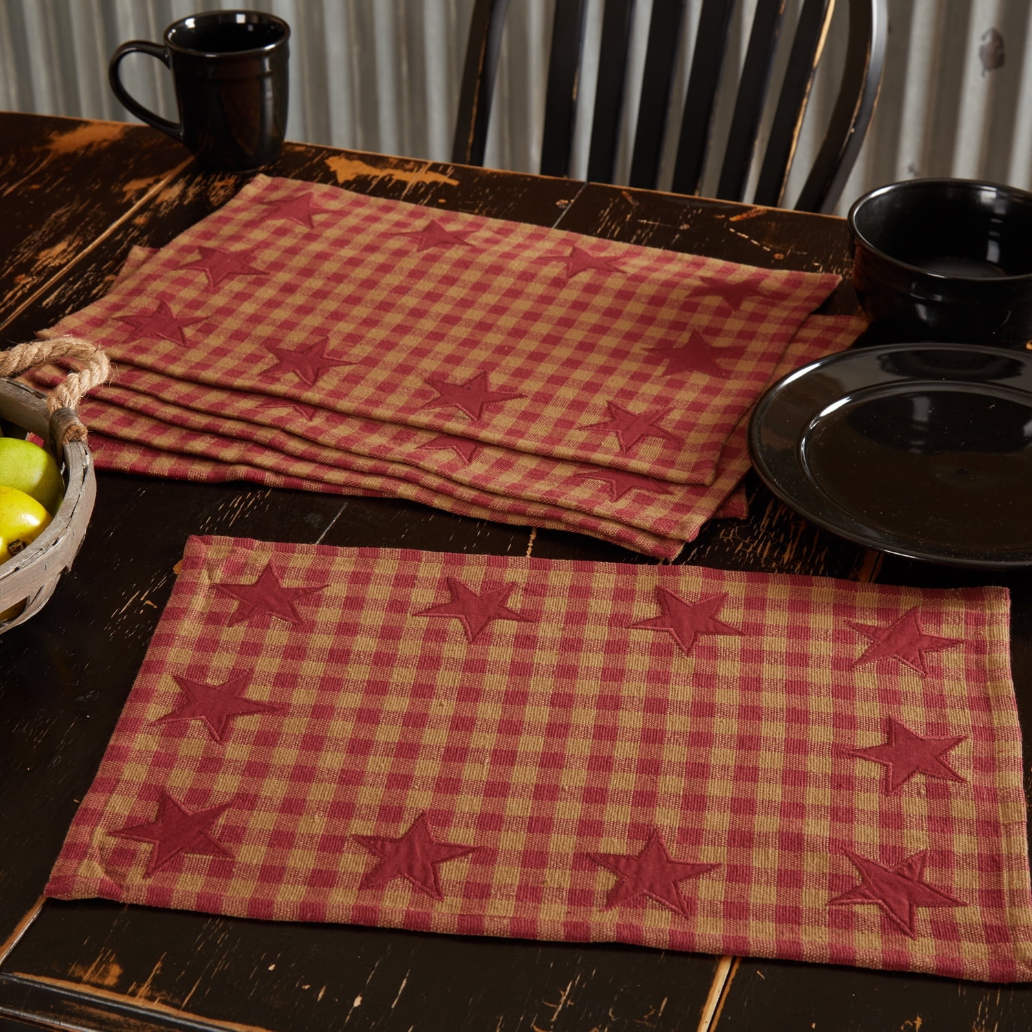 VHC Brands Appliqued Star Rectangle Placemats, Burgundy, 12x18, Set of 6