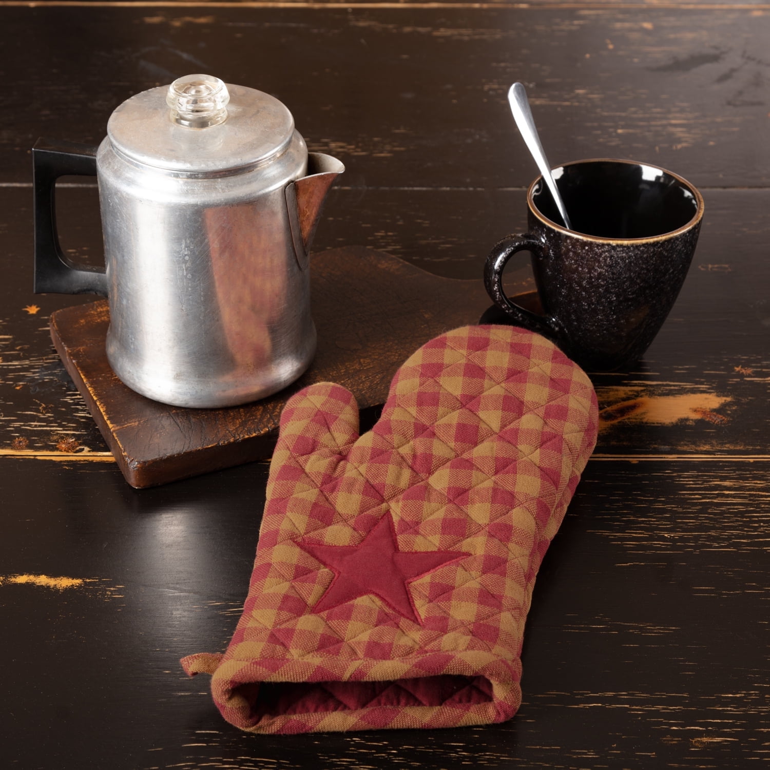 Burgundy and Khaki Cotton Star Print Oven Mitt