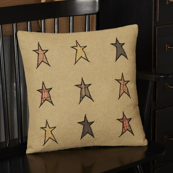 Stratton Primitive 16"x16" Star Pillow Tan Appliqued Cotton Burlap Square Bedroom Decor