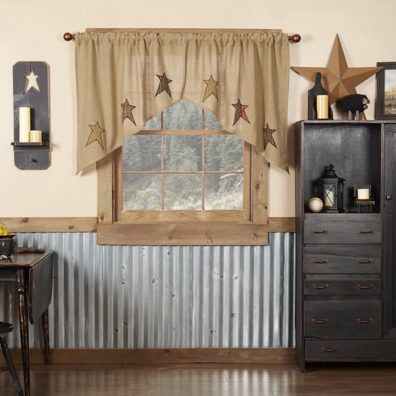 VHC Brands Stratton Primitive 36"x36"x16" Burlap Star Swag Pair Tan Rod Pocket Appliqued Cotton Kitchen Window Curtains