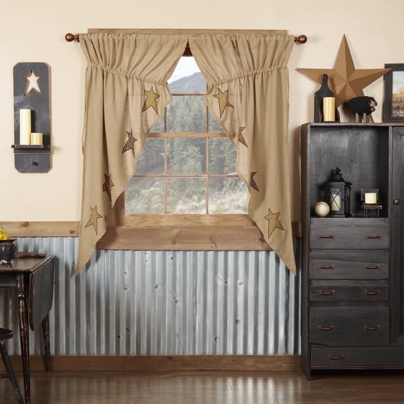 VHC Brands Stratton Primitive 63"x36"x18" Burlap Star Prairie Panel Pair Tan Rod Pocket Appliqued Cotton Drawstring Ties Window Curtains