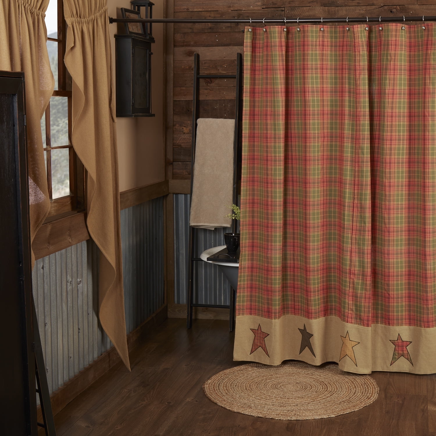 Primitive Plaid Cotton Shower Curtain with Star Appliques