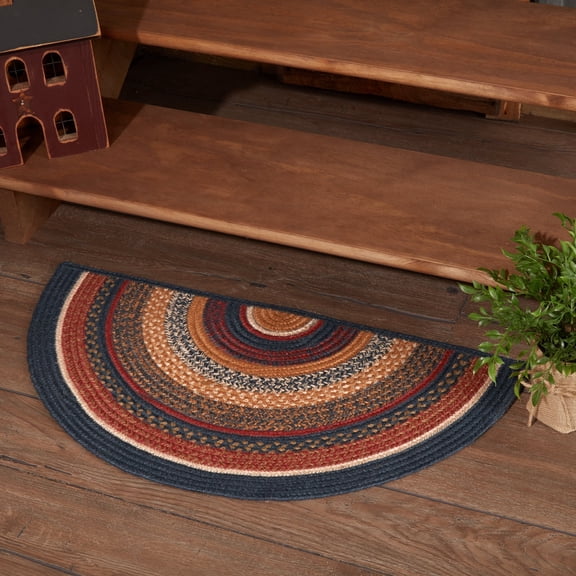 VHC Brands Stratton Primitive Jute Blue Red Striped Accent Rug for Entryway Kitchen Bathroom, Rustic Decor - Half Circle 16.5"x33"