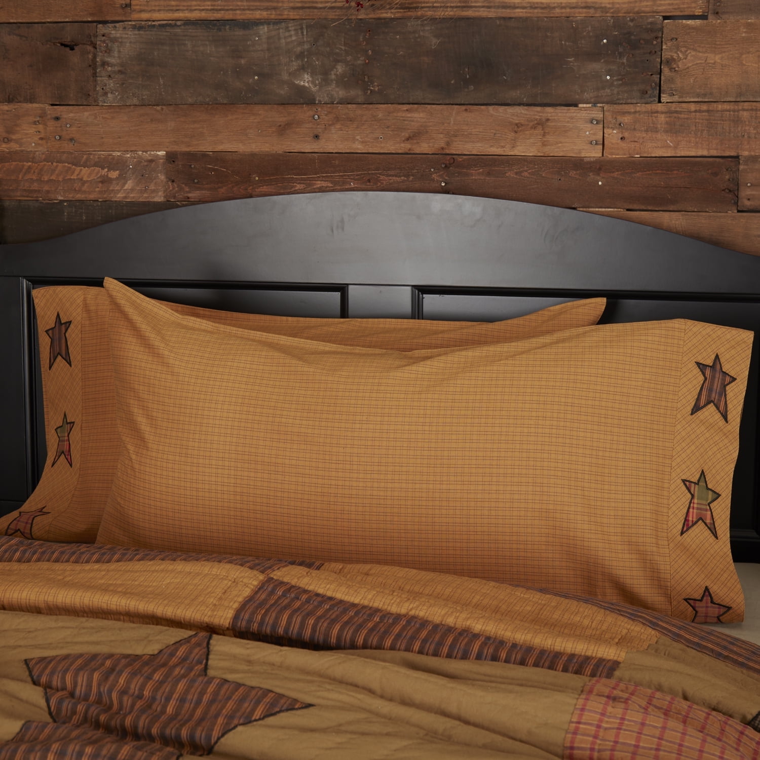 King Size Khaki Plaid Cotton Pillowcase Set with Appliqued Stars