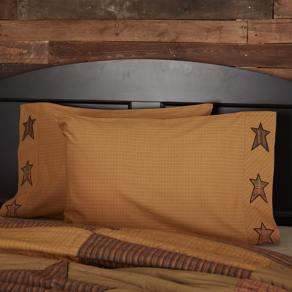 VHC Brands Stratton Star Cotton Primitive Bedding Appliqued Standard Pillow Case Set of 2, Dark Khaki Tan