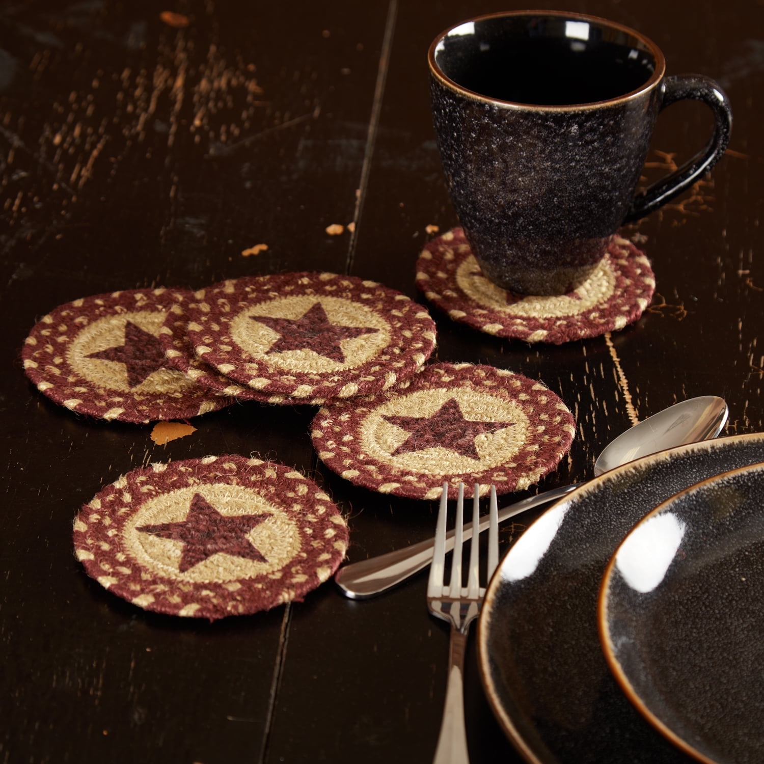 Rustic Burgundy and Tan Jute Star Coaster Set