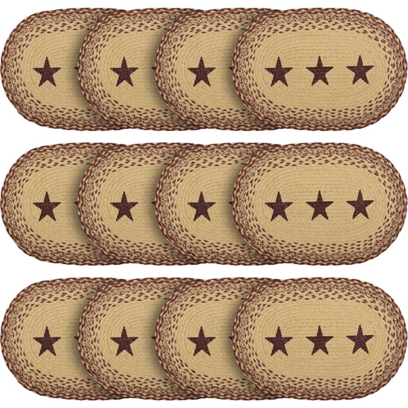 VHC Brands Tan Jute Star Textured Primitive Tabletop Kitchen Stenciled Oval Placemat Set of 6, 12" x 18", Burgundy Red, 12 Pack