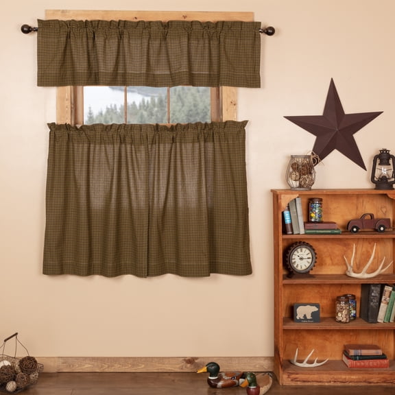VHC Brands Tea Cabin 3 PC Moss Green Plaid Curtain Set (1 Valance 16x72 and 2 Tier 36x36)