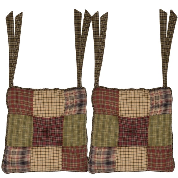 VHC Brands Tea Cabin Chair Pad Patchwork Log Cabin Country Rustic Lodge Design, Moss Green and Deep Red, Set of 2