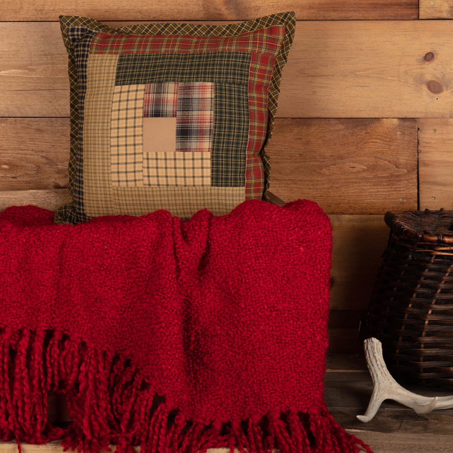 Rustic Green Cotton Patchwork 12" Square Thanksgiving Pillow