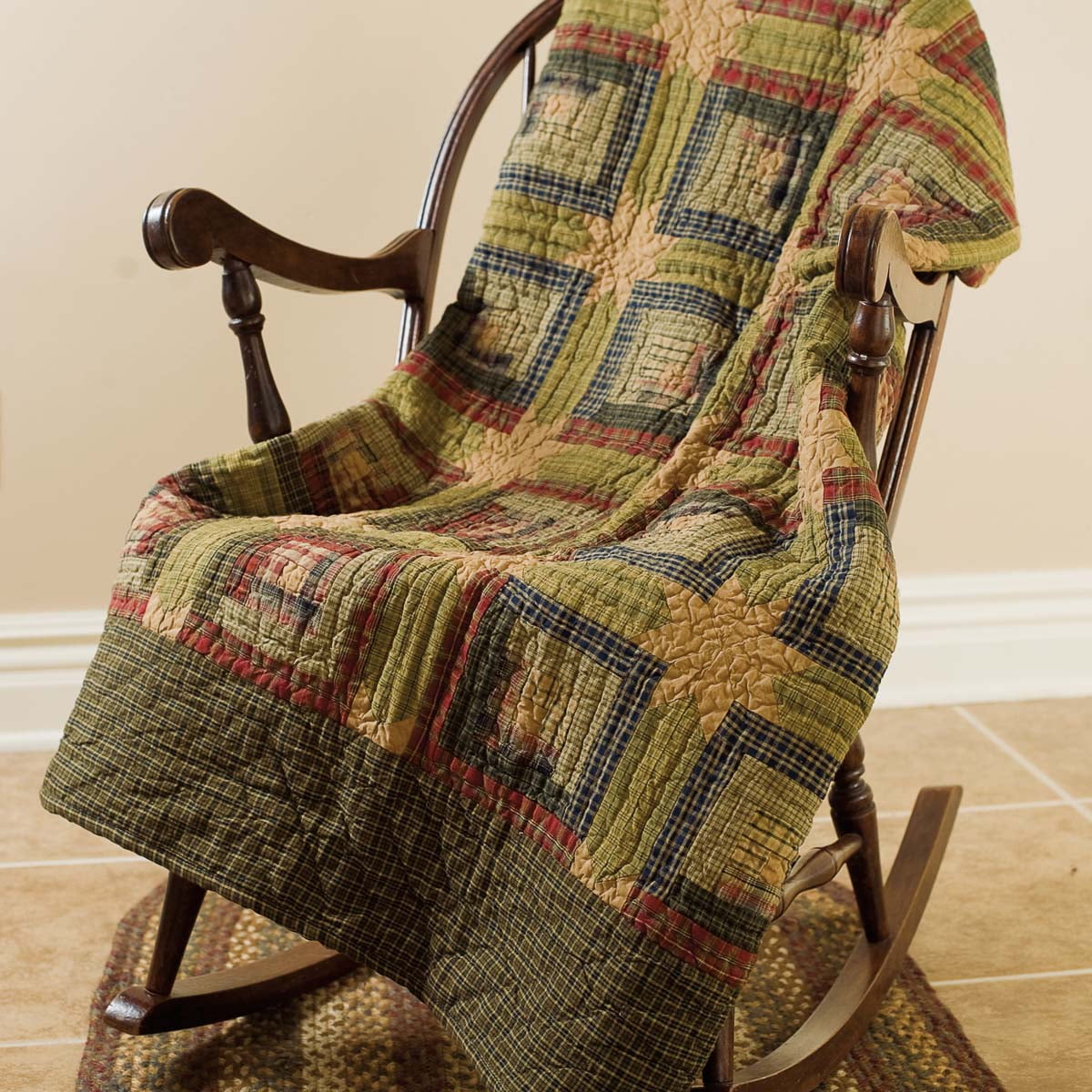 Moss Green and Deep Red Cotton Quilted Throw Blanket