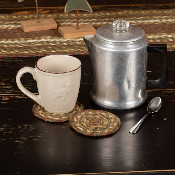 VHC Brands Tea Cabin Rustic Jute Green Textured Striped Round Kitchen Table Coaster Set of 6 4"