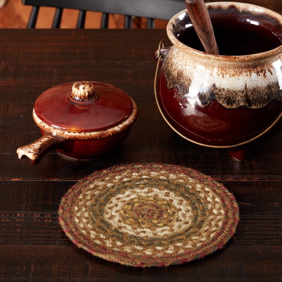 VHC Brands Tea Cabin Rustic Jute Textured Striped Round Kitchen Table Decor Trivet 8"