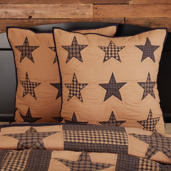 VHC Brands Teton Star Quilted Euro Sham 26x26 Country Patchwork Design, Navy and Tan