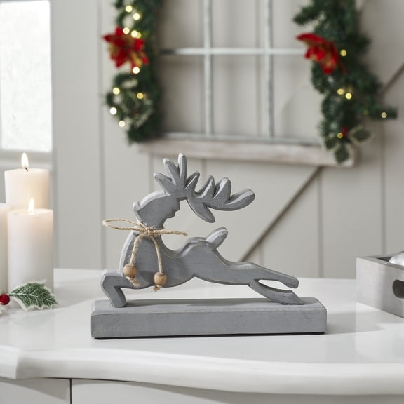 VHC Brands Through the Snow Distressed Grey Wooden Reindeer 7x9x2