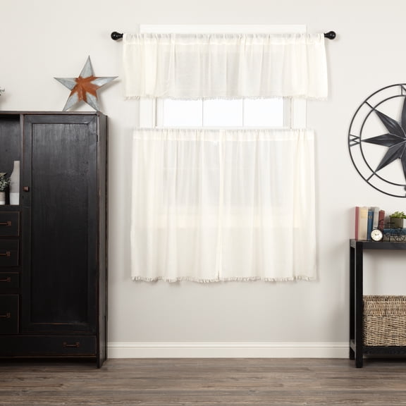 VHC Brands Tobacco Cloth Antique White 3 PC Curtain Set (1 Valance 16x72 and 2 Tier 36x36)