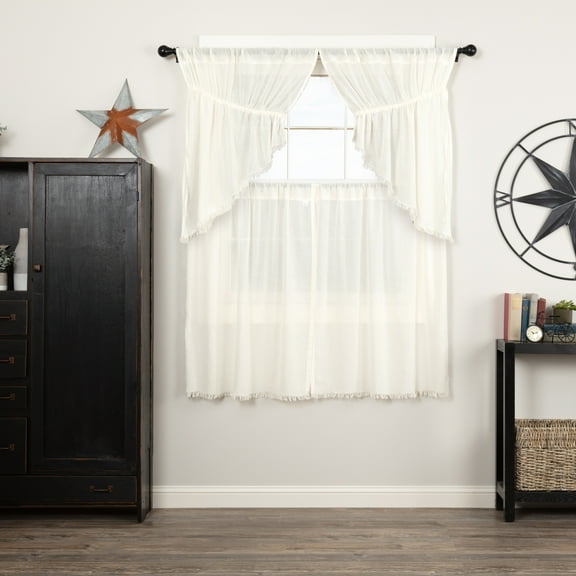 VHC Brands Tobacco Cloth Antique White 4 PC Curtain Set (2 Prairie Swag 36x18 and 2 Tier 36x36)