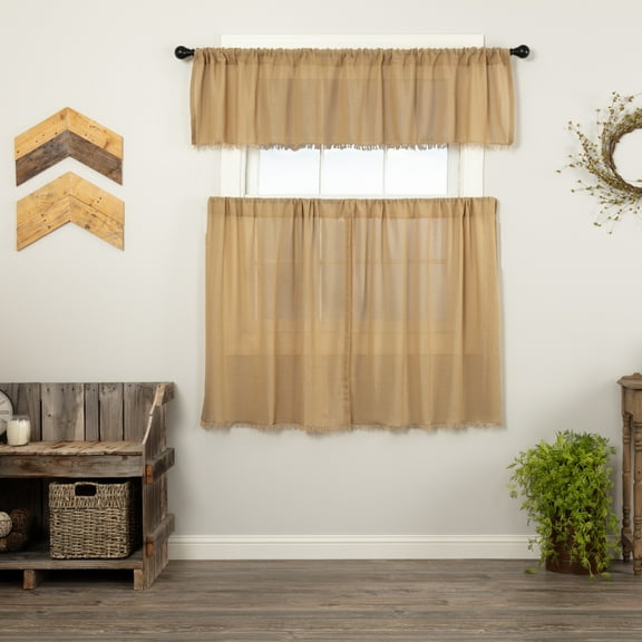 VHC Brands Tobacco Cloth Khaki 3 PC Curtain Set (1 Valance 16x72 and 2 Tier 36x36)