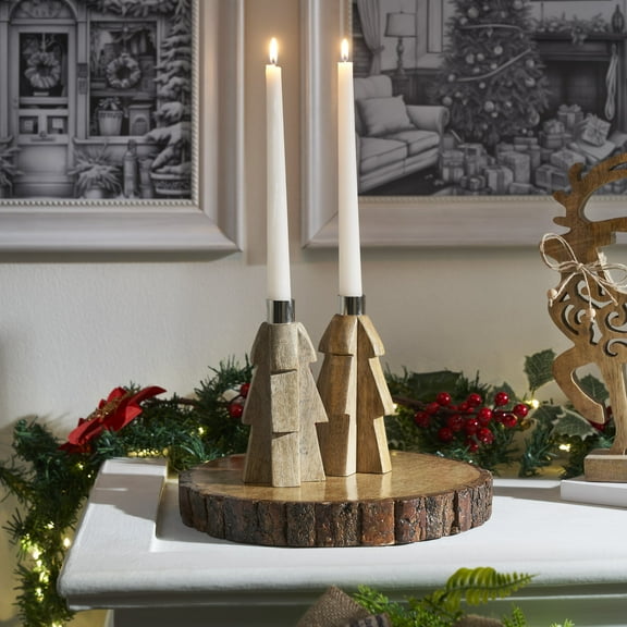 VHC Brands Tree Natural Wooden Taper Candle Holder Set of 2 - 6x3x3