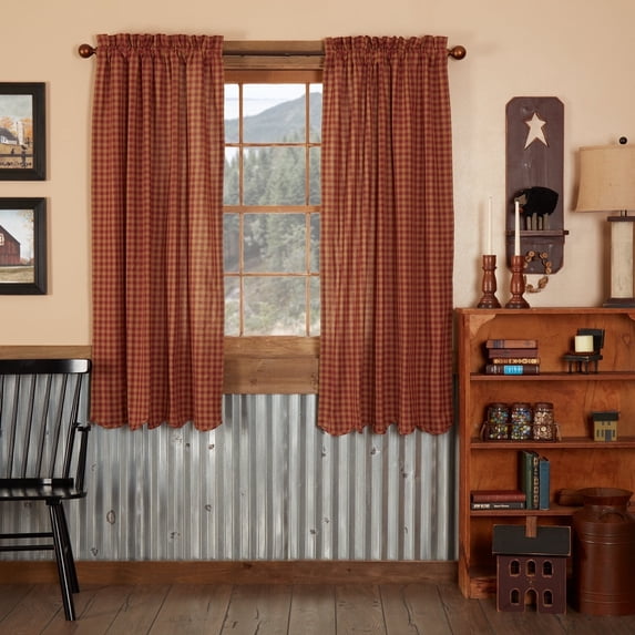 VHC Brands Check Cotton Primitive Curtains Rod Pocket Tie Back(s) Panel Pair, Burgundy Red
