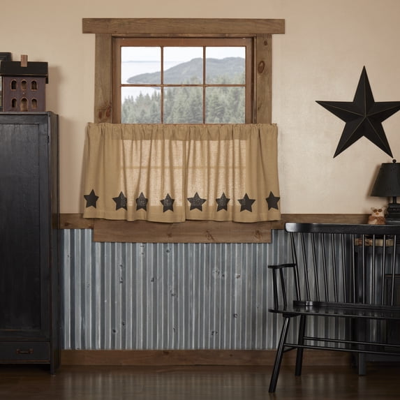 VHC Brands Burlap Natural with Black Stars Primitive 24"x36" Tier Pair Tan Rod Pocket Stenciled Cotton Kitchen Window Curtains
