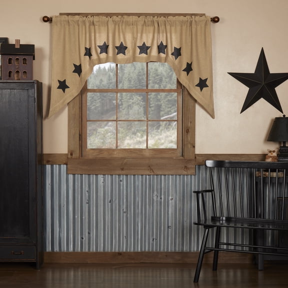 VHC Brands Burlap Natural with Black Stars Primitive 36"x36"x16" Swag Pair Tan Rod Pocket Stenciled Cotton Kitchen Window Curtains
