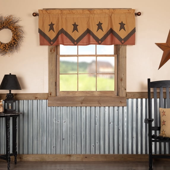 VHC Brands Stratton Primitive Star Layered Valance 20x60 Country Curtain, Tan