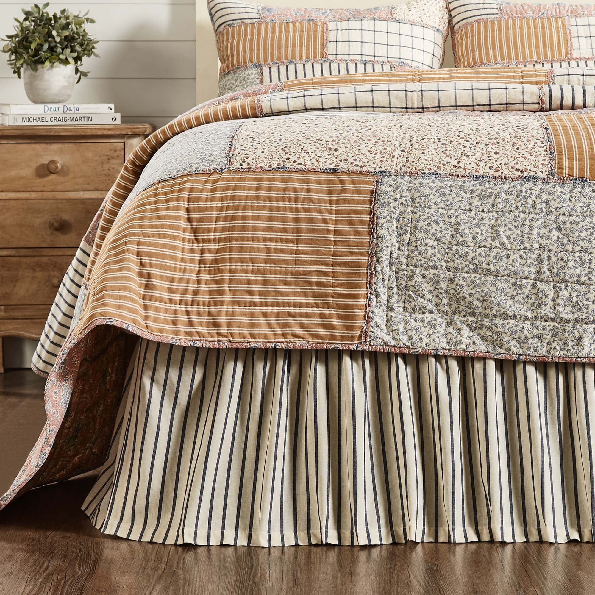 VHC Brands Vintage Country Farmhouse Kaila Gathered Blue Stripe Queen Bed Skirt 60x80x16