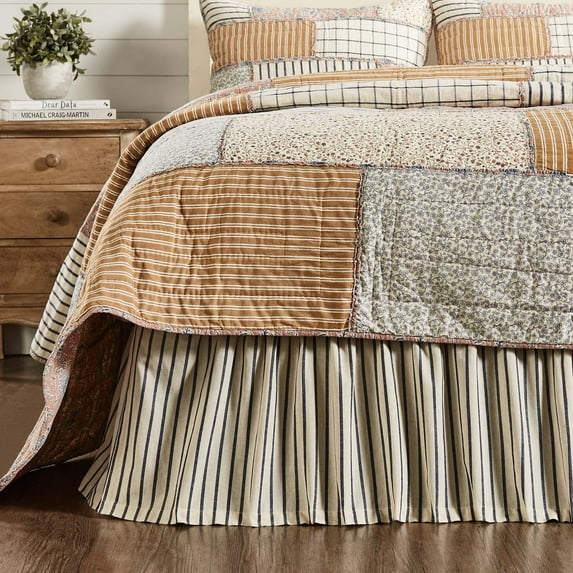 VHC Brands Vintage Country Farmhouse Kaila Gathered Blue Stripe Queen Bed Skirt 60x80x16