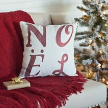 VHC Brands Vintage Stripe Noel Text Textured Cotton Farmhouse Christmas Decor Embroidered Bells Square 16x16 Filled Pillow, Snow White