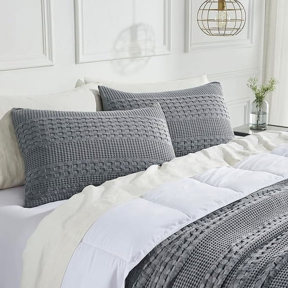 VHC Brands Waffle Weave Dark Grey King Size Sham Set of 2 20x36, Decorative Throw Pillow Covers / Shams, Boho Farmhouse Bedroom Decor