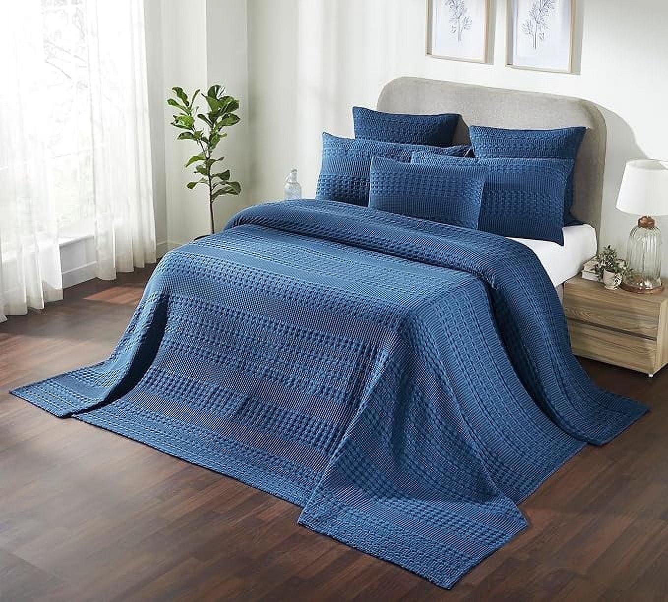 VHC Brands Waffle Weave Navy Blue Oversized King Size Blanket 120x120, Decorative Cotton Throw Blanket, Boho Farmhouse Bedroom Decor for Bed, Couch, or Sofa