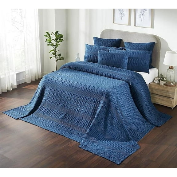 VHC Brands Waffle Weave Navy Blue Oversized King Size Blanket 120x120, Decorative Cotton Throw Blanket, Boho Farmhouse Bedroom Decor for Bed, Couch, or Sofa