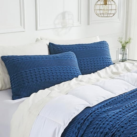 VHC Brands Waffle Weave Navy Blue Queen Size Sham Set of 2 20x30, Decorative Throw Pillow Covers / Shams, Boho Farmhouse Bedroom Decor
