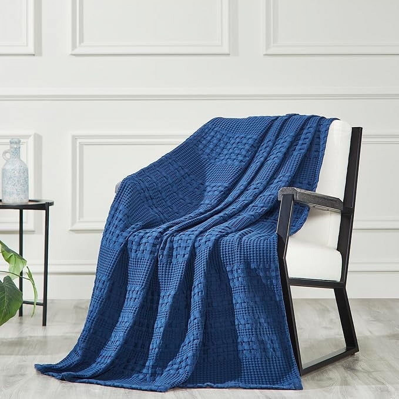 VHC Brands Waffle Weave Navy Blue Throw 50x60, Decorative Cotton Throw Blanket, Boho Farmhouse Bedroom, Living Room Decor for Bed, Couch, or Sofa