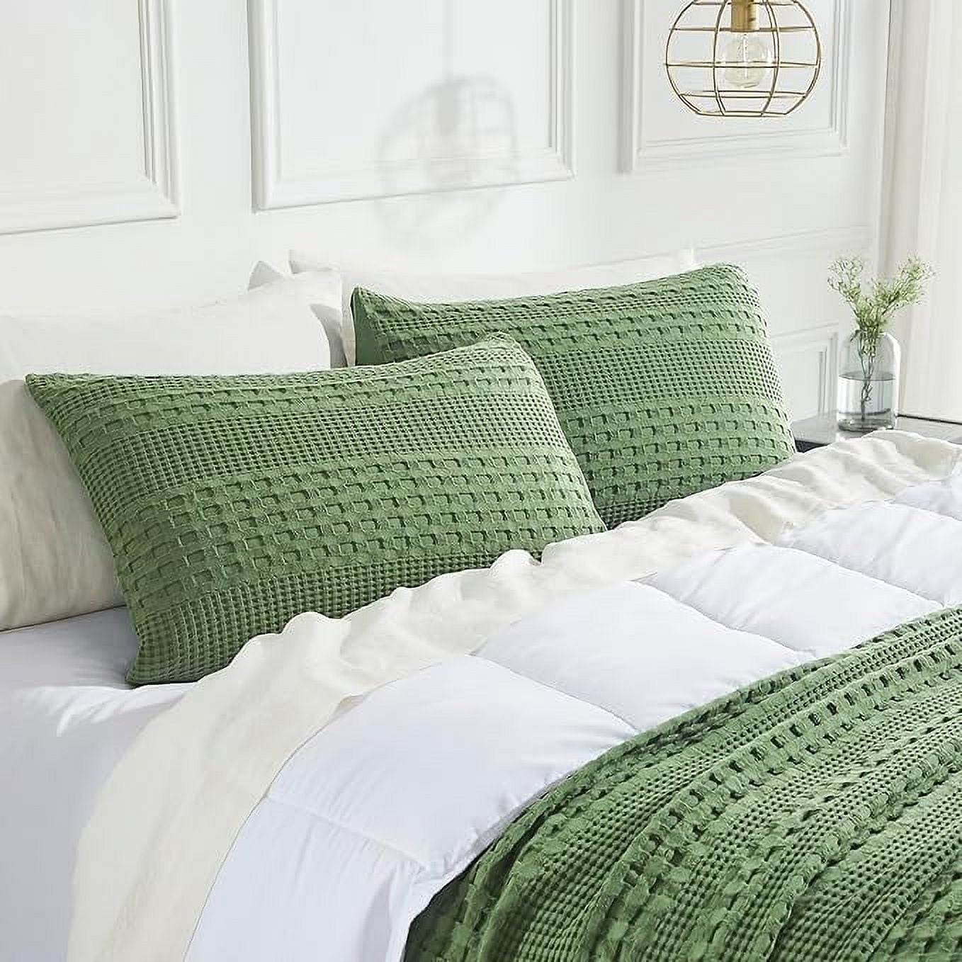 Olive Green Waffle Weave Cotton King Size Sham Set