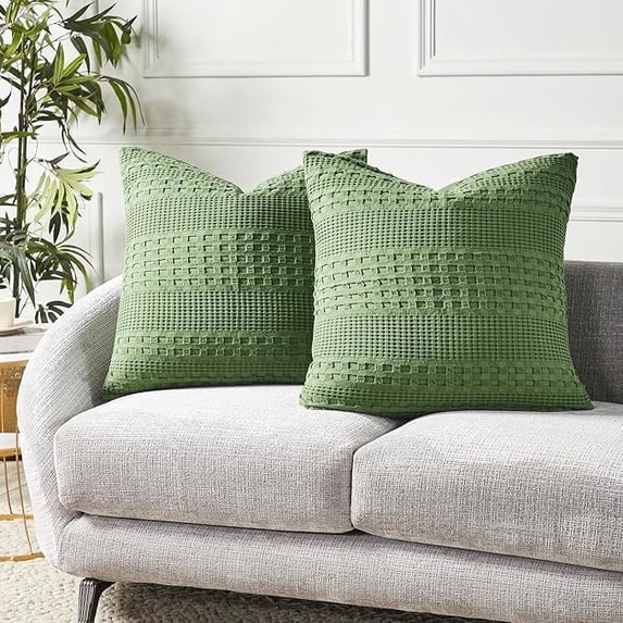 VHC Brands Waffle Weave Olive Green Pillow Cover Set of 2 24x24, Decorative Throw Pillow Covers/Shams, Boho Farmhouse Bedroom, Living Room Decor