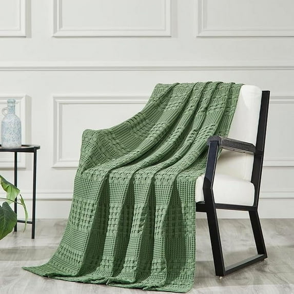 VHC Brands Waffle Weave Olive Green Throw 50x60, Decorative Cotton Throw Blanket, Boho Farmhouse Bedroom, Living Room Decor for Bed, Couch, or Sofa