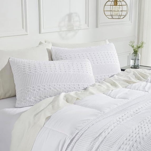 VHC Brands Waffle Weave White King Size Sham Set of 2 20x36, Decorative Throw Pillow Covers / Shams, Boho Farmhouse Bedroom Decor