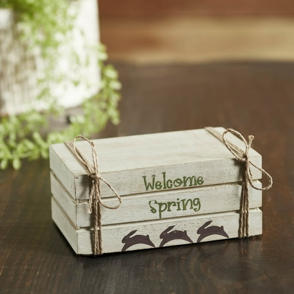 VHC Brands Welcome Spring Faux Book Stack 2.5x6x4, Easter/Spring Decor, Dining Room Entry Living Room Figurine, Painted, Spring In Bloom Collection, Rectangle 2.5x6, Welcome Spring Bunnies, Creme