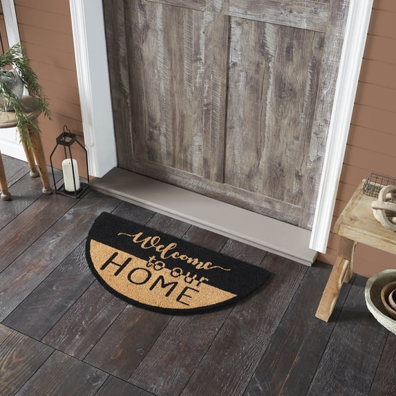 VHC Brands Welcome To Our Home Black Tan Coir Rug Half Circle 16.5x33