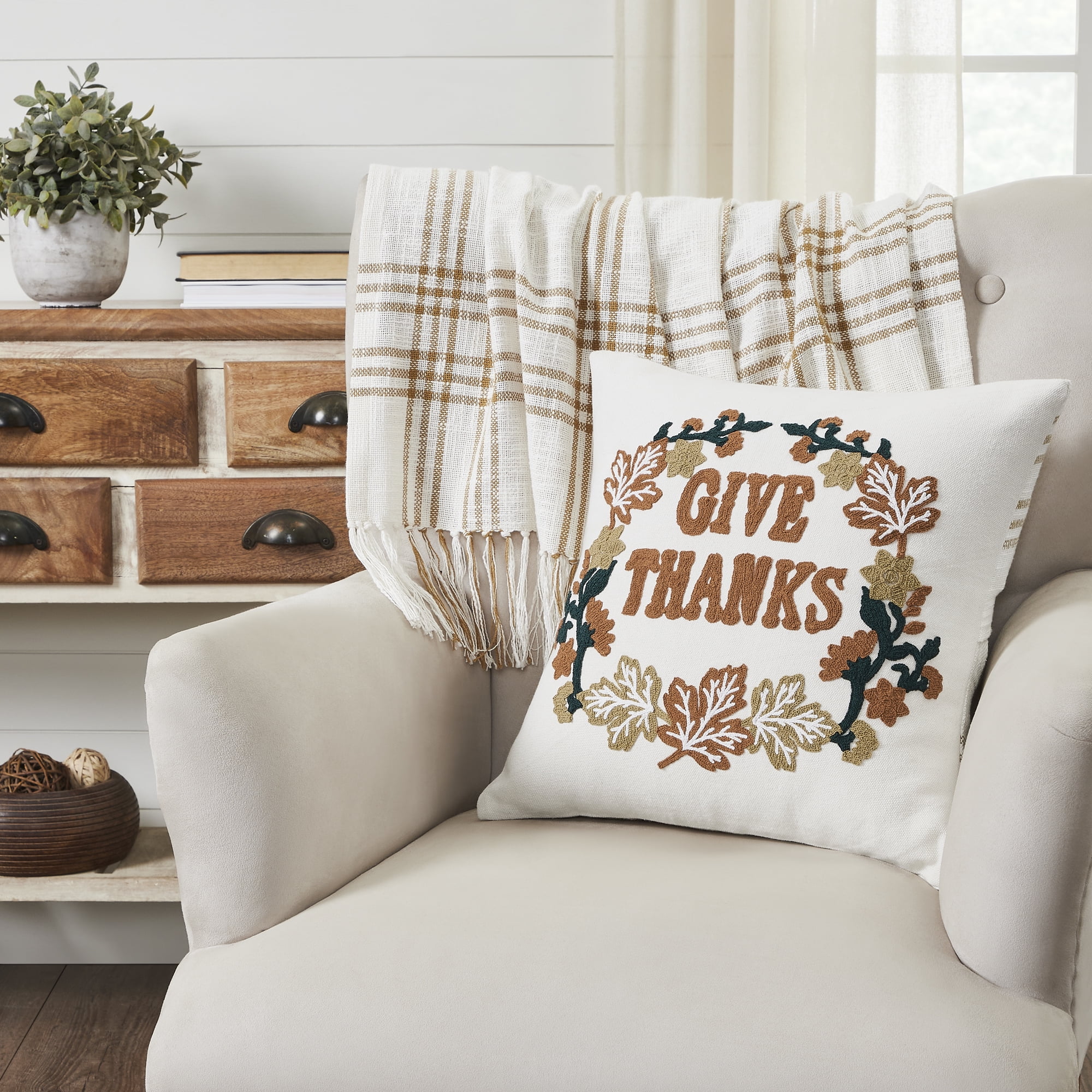 18x18 Wheat Plaid Embroidered Thanksgiving Pillow