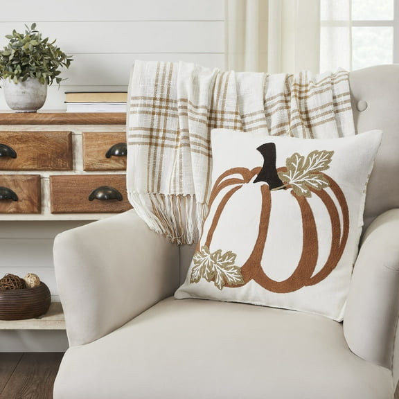 VHC Brands Wheat Plaid, Farmhouse Pillow, Thanksgiving, Pumpkin, Embroidered Canvas, 18x18