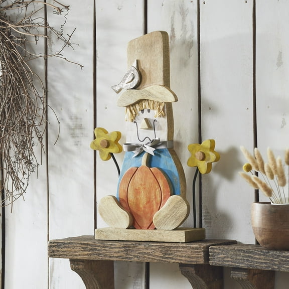 VHC Brands Whimsical Wooden Scarecrow, Fall and Halloween Home Decor for Tables and Shelves, Indoor Decorations for Tabletop Sky Blue, Pumpkin Orange, Sunny Yellow, 12.75x16.5