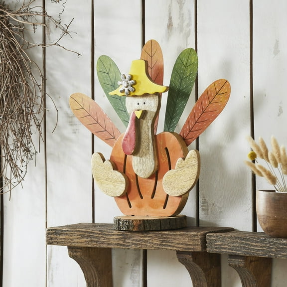VHC Brands Whimsical Wooden Turkey, Fall and Thanksgiving Home Decor for Tables and Shelves, Indoor Decorations for Tabletop Pumpkin Orange, Garden Green, Sunny Yellow, 15.25x15.75